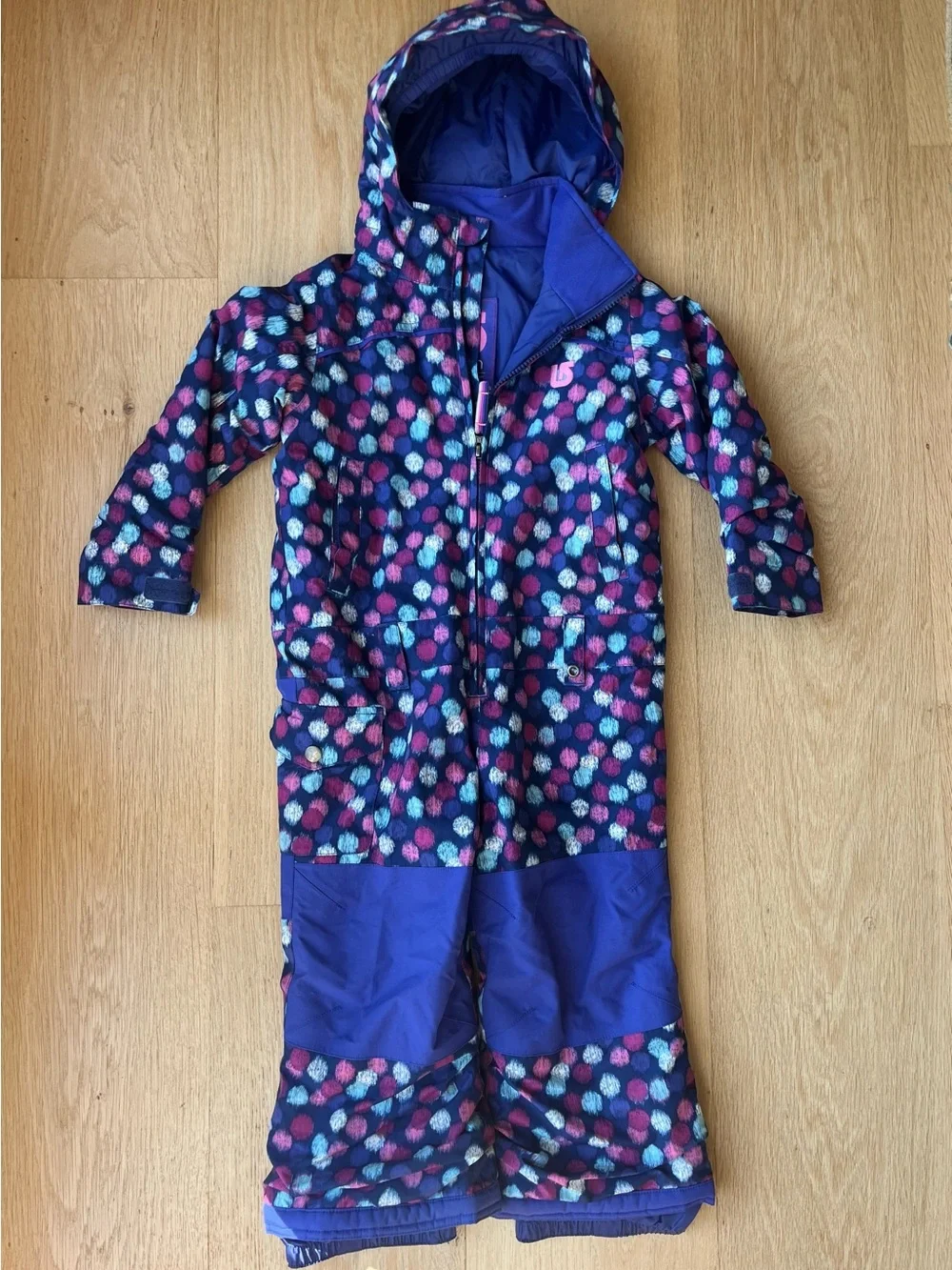 Burton Kids One-Piece Snow Suit in Navy with Pink, Aqua & Purple Dots